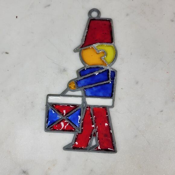 Vintage Drummer Boy Stained Glass Sun Catcher Blue Red Christmas Holiday - Picture 2 of 12